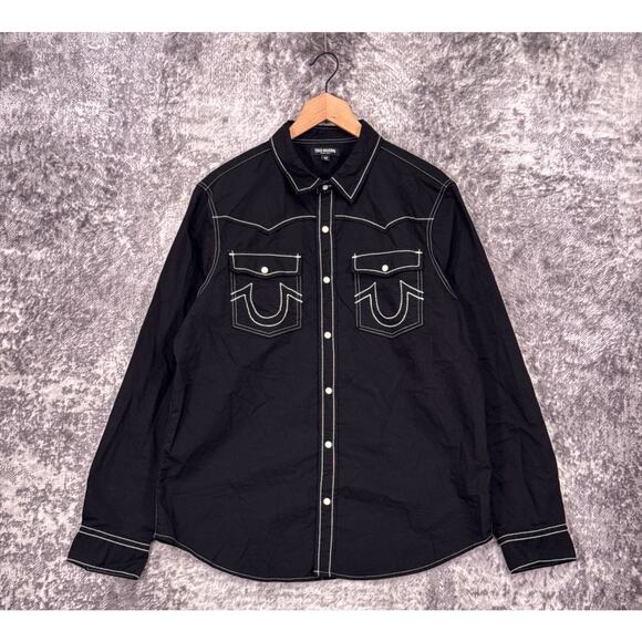 True Religion Big T Western Shirt Large Mens Black Pearl Snap Long Sleeve - Picture 1 of 9